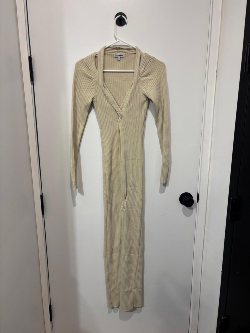 Fashion Nova Ribbed Maxi Dress in Beige-Cream